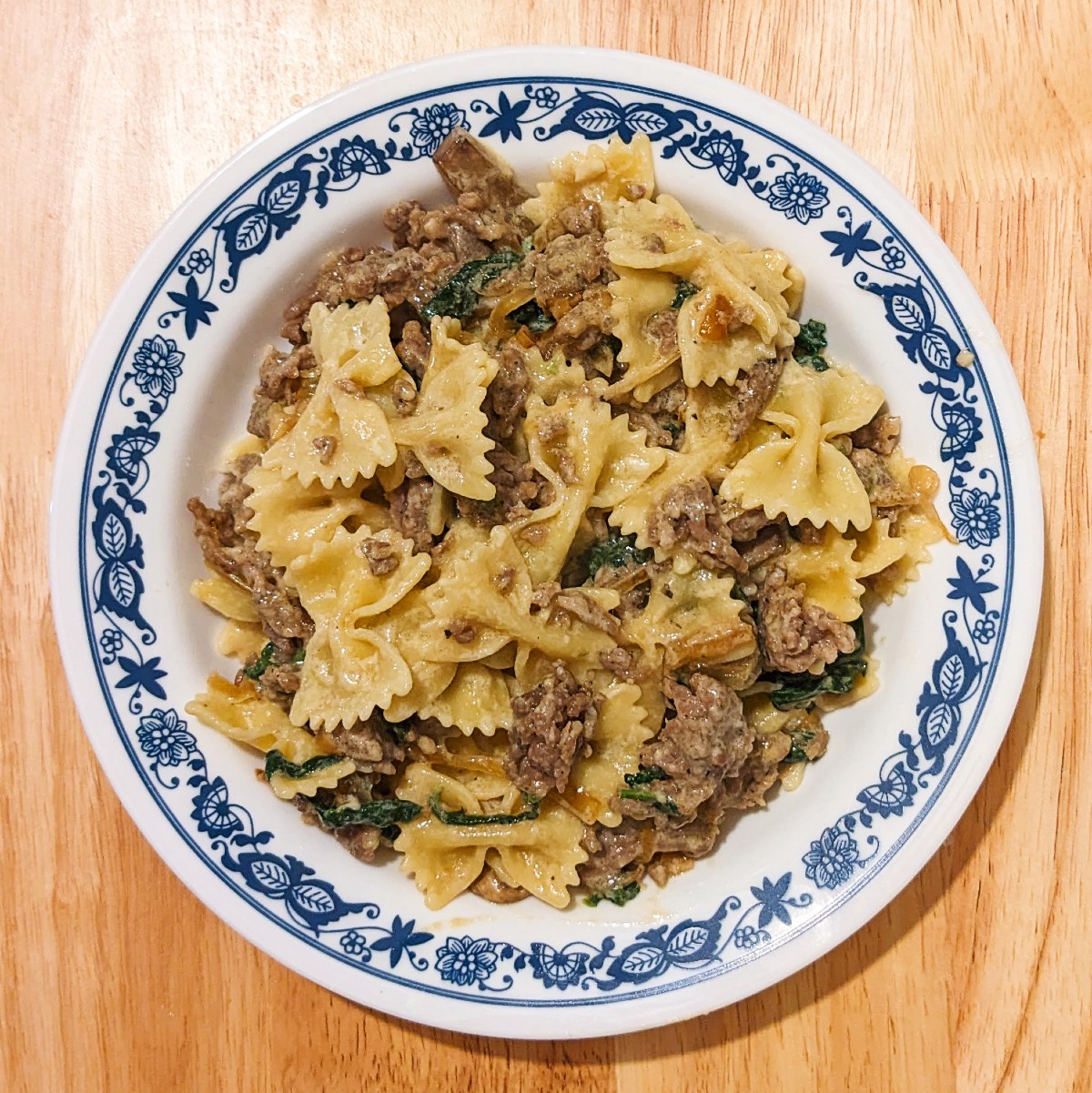 Pasta with Sausage, Spinach, Mushrooms, and Caramelized Onions (or: I Think This is a Ragu On Steroids)